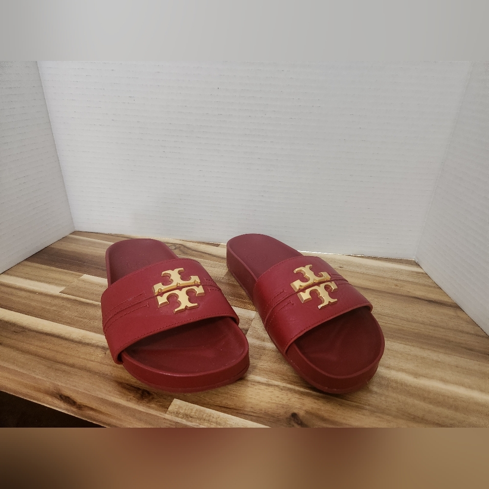 Tory Burch Red Slides with Gold Emblem